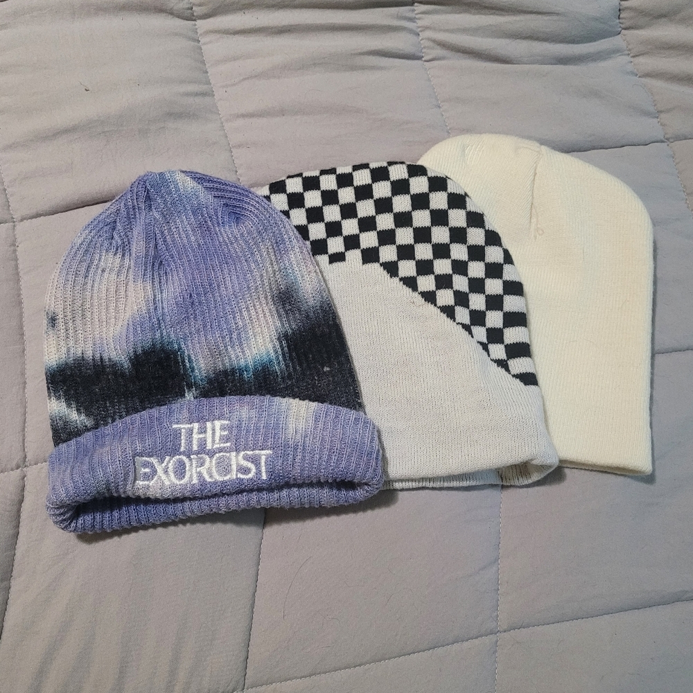 3 beanies exorcist tie dye, checkered, and white